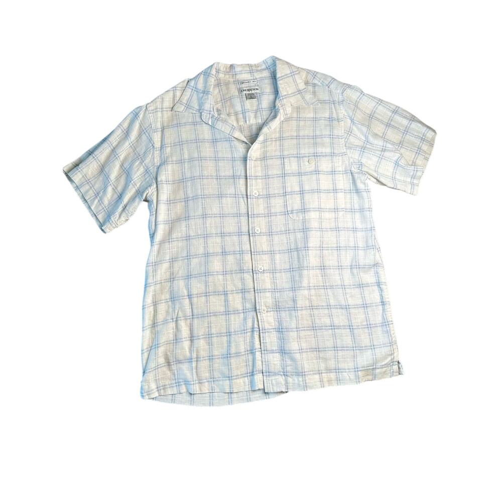 Ron Chereskin Washable Linen White + Blue Button Up Plaid Shirt Men's Size Large